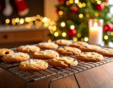Freshly baked cookies cooling on a rack with christmas tree and lights in background indoors