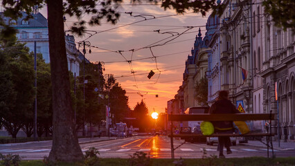 Street with sunset in the Croatian capital Zagreb.