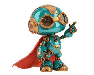 Colorful robot humanoid with cartoonish expression, wearing red cape and large goggles, stands confidently with one finger raised as if making point. This charming character embodies playful