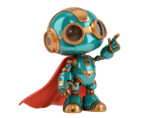 Colorful robot humanoid with cartoonish expression, wearing red cape and large goggles, stands confidently with one finger raised as if making point. This charming character embodies playful