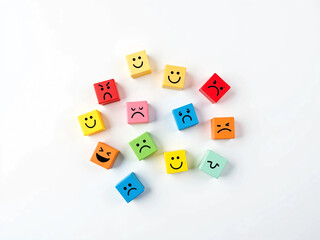 Obraz premium Colorful Cubes with Cartoon Facial Expressions Showing Emotions Like Happy, Sad, Angry, and Surprised on White Background for Emotional Learning, Kids Education, Therapy, and Creative Development Them