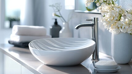 Close up of a modern bathroom sink with a chrome faucet and white flowers in a vase on the counter
