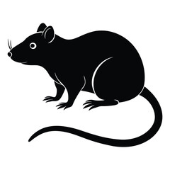 A simple, solid black rat silhouette with a curved tail, rounded ears, and a small pointed snout, capturing the sleek, cautious posture of the rodent.
