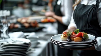 https://s.mj.run/UJEcwSf5jz4 photorealistic close-up of a beautifully plated dish being placed on a table by a server, cinematic light, elegant environment, shallow depth of field.