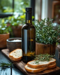 Naklejka premium Gourmet Olive Oil Bottle with Rosemary and Crusty Bread on Wooden Board