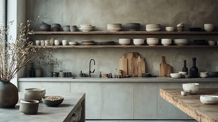 A kitchen interior with rustic wooden shelves filled with pottery and wooden cutting boards displayed