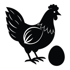 A simple black silhouette of a chicken standing beside a perfectly shaped egg, symbolizing the timeless question of which came first. Clean, minimal, and thought-provoking.
