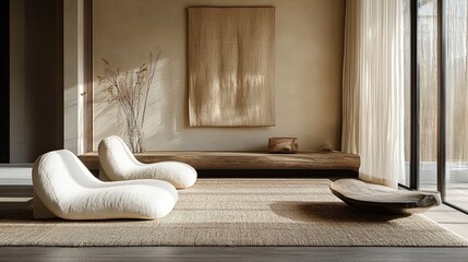 Minimalist interior with two white chairs, a rug, artwork, and a window with sheer curtains