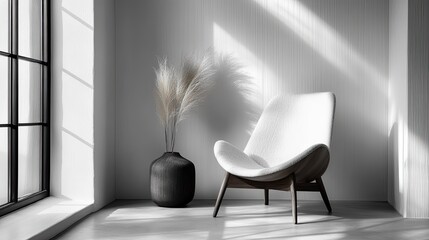 A minimalist interior with a white chair, a vase with pampas grass, and sunlight streaming through window