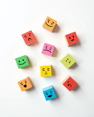 Colorful Cubes with Cartoon Facial Expressions Showing Emotions Like Happy, Sad, Angry, and Surprised on White Background for Emotional Learning, Kids Education, Therapy, and Creative Development Them