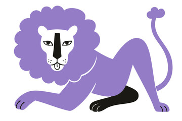 Lion illustration, colorful minimalist style, mid-century modern, childlike shapes, whimsical character design, no outlines, solid colors, stylized proportions