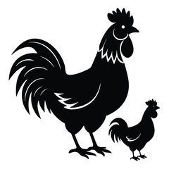 Silhouette of a proud rooster standing beside a gentle hen, both facing each other, capturing a charming farmyard moment in a bold and simple black outline.
