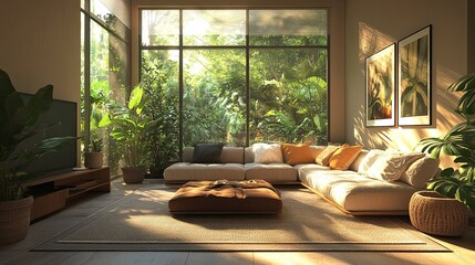 A sunlit living room with a large window overlooking lush greenery and a comfortable sectional sofa