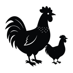 Silhouette of a proud rooster standing beside a gentle hen, both facing each other, capturing a charming farmyard moment in a bold and simple black outline.

