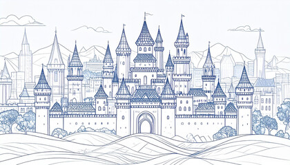 Obraz premium Majestic Fairytale Castle Skyline A Dreamy Illustration of a Medieval Cityscape with Rolling Hills