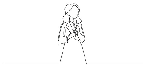 one continuous line drawing of woman with microphone.symbol sign for female vocalist,speaker,seminar,business presentation.single line vector