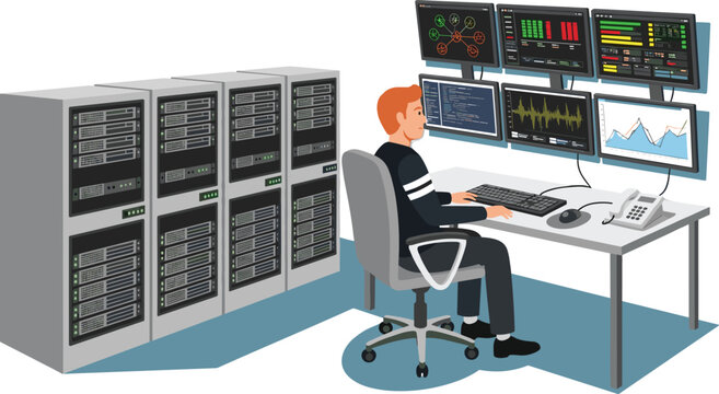 IT specialist monitoring server racks and analyzing system performance dashboards in a modern flat cartoon data center control room blue sky color tone