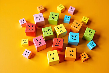 Colorful Cubes with Cartoon Facial Expressions Showing Emotions Like Happy, Sad, Angry, and Surprised on White Background for Emotional Learning, Kids Education, Therapy, and Creative Development Them