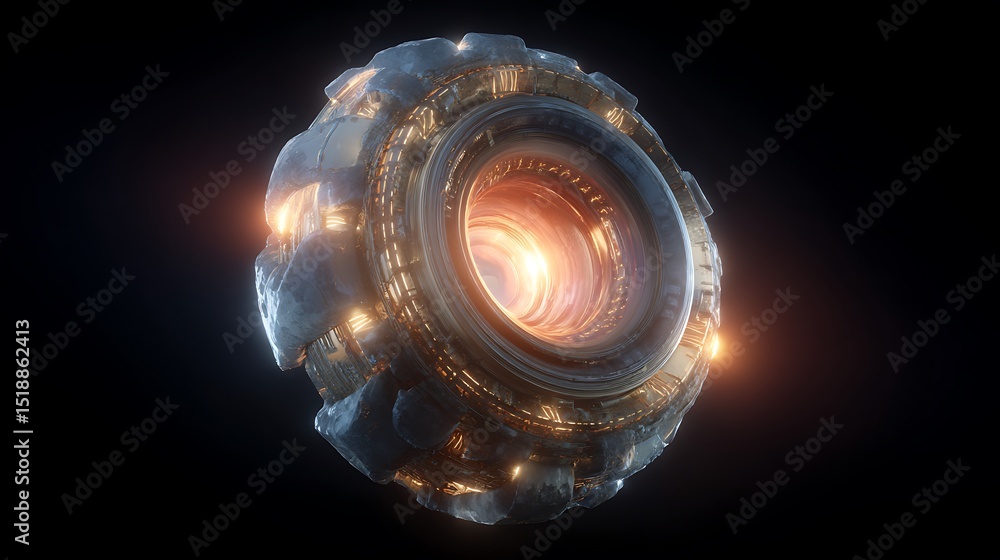 Poster futuristic energy device with glowing core and metallic texture in dark background