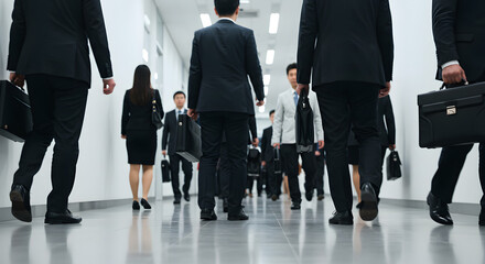 Obraz premium Professionals Walking Through a Modern Office Hallway During a Business Meeting Event