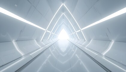  Empty Long Light Corridor with a modern white aesthetic and futuristic Sci-Fi triangle tunnel elements typically features: