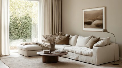 Obraz premium Living room interior with sectional sofa, round coffee table, and art piece on the wall near window