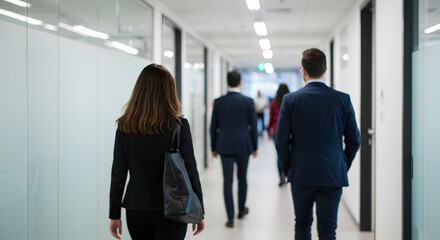 Two Business Professionals Walking Together in Modern Office Corridor with Glass Walls