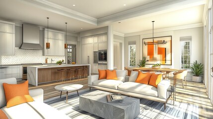 A modern open concept living space with kitchen island and orange accents in a bright and airy room
