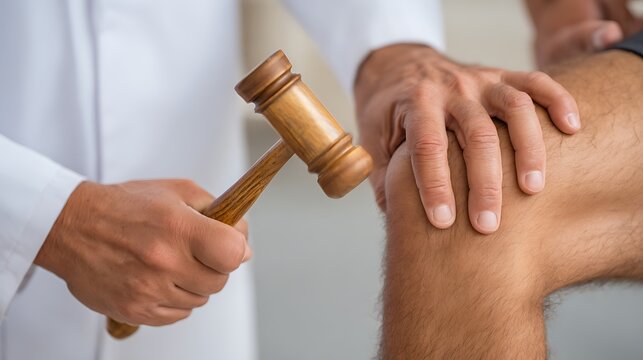 Medical Examination with Reflex Hammer on Patient's Knee in Clinical Setting by Healthcare Professional