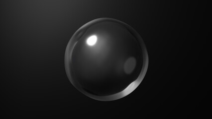 透明の美しい液体の中に黒い球体。黒色背景。3D（横長）
