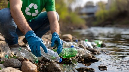 Naklejka premium Man is Squatting and Picking Up Plastic Bottle From Sandy Beach : Suitable for Be Used in Blog Posts, Social Media Posts or Website Content Related to the Environment Theme.