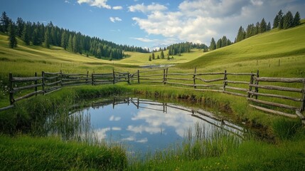 Serene Pond Reflection in a Picturesque Green Valley