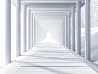 Minimalist white geometric background with symmetrical light-shadow lines: futuristic tech aesthetic for product displays, architectural visualization, or interior design