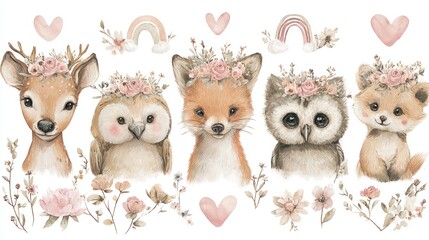 Hand-drawn woodland baby animals with flower crowns and rainbows, includes deer, fox, squirrel, and owl, soft boho tones, surrounded by floral elements and hearts, ideal for nursery wall art.