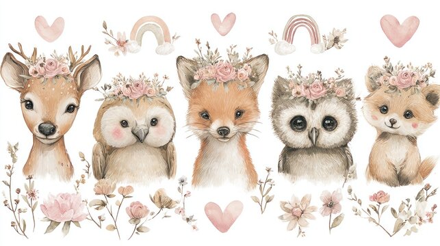 Fototapeta Hand-drawn woodland baby animals with flower crowns and rainbows, includes deer, fox, squirrel, and owl, soft boho tones, surrounded by floral elements and hearts, ideal for nursery wall art.