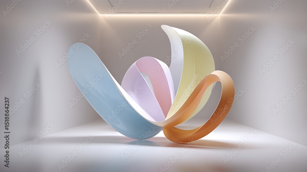 Poster abstract colorful sculpture in a minimalist gallery setting showcasing fluid shapes and modern desig
