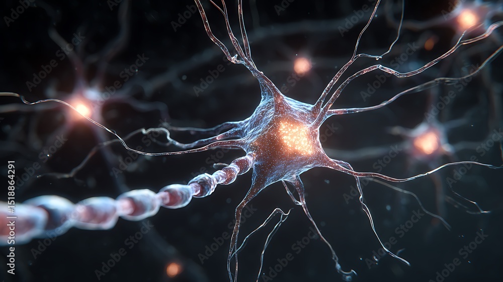 Poster digital representation of neuron with synapses and axons, neural network concept for scientific rese