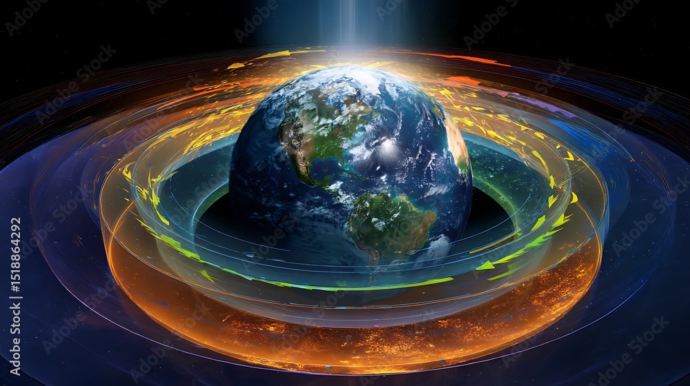 Poster vibrant abstract representation of earth surrounded by dynamic energy waves and light streams in spa