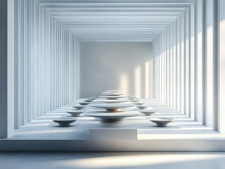 Minimalist white geometric background with symmetrical light-shadow lines: futuristic tech aesthetic for product displays, architectural visualization, or interior design
