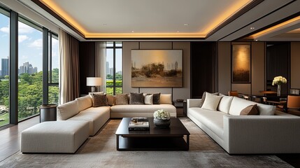 A luxurious living room with large windows, comfortable sofas, and modern decor showcasing elegance and style