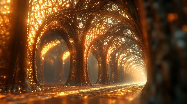 Mystical golden path featuring intricate architectural details and warm lighting