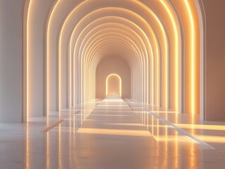 Minimalist white geometric background with symmetrical light-shadow lines: futuristic tech aesthetic for product displays, architectural visualization, or interior design