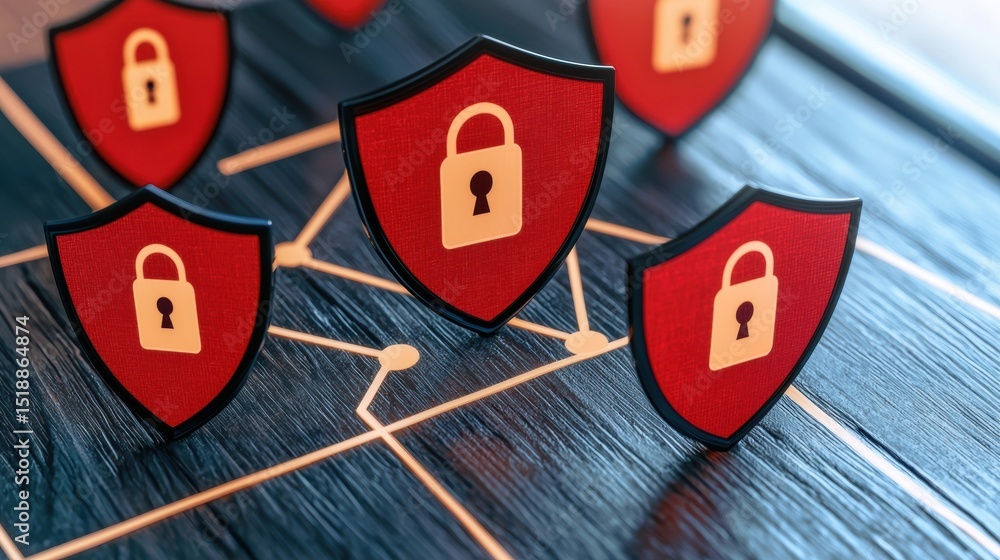 Poster an array of red shield icons representing the layers of cybersecurity measures designed to safeguard
