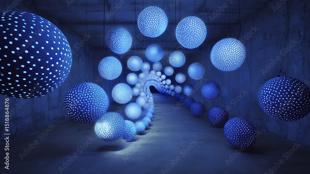 Wall mural captivating abstract space with blue light spheres creating an enigmatic tunnel illusion in dim envi
