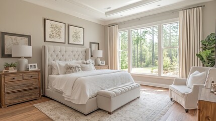 A bright bedroom with a large bed and a view of trees through a big window in a cozy setting