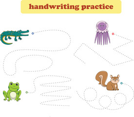 Handwriting Practice. Tracing lines for kids with animals. Vector Illustration