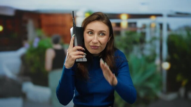 Young woman in blue sweater holding vintage cellphone on city street with an amazed expression in urban outdoor setting.
