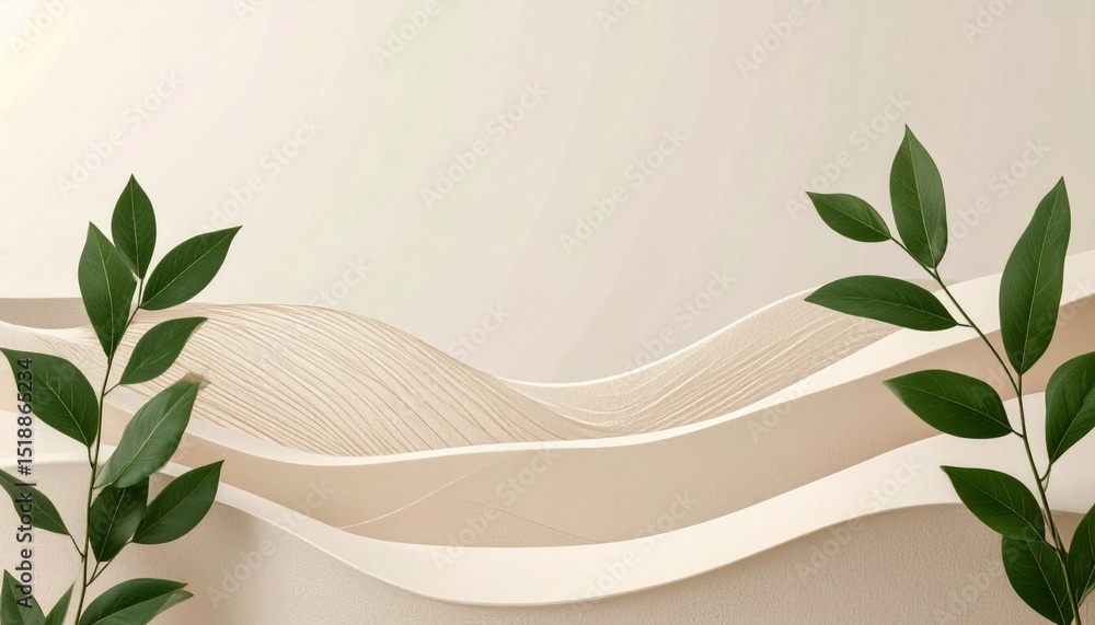Poster abstract beige background with green leafy branches soft curves and undulating pattern illustrating 