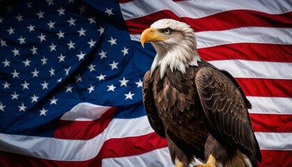 Majestic bald eagle stares intently against a waving American flag backdrop, symbolizing freedom