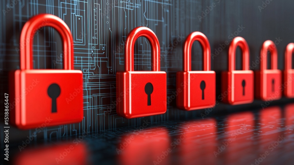 Poster a row of red digital locks symbolizing the importance of cybersecurity in safeguarding sensitive inf